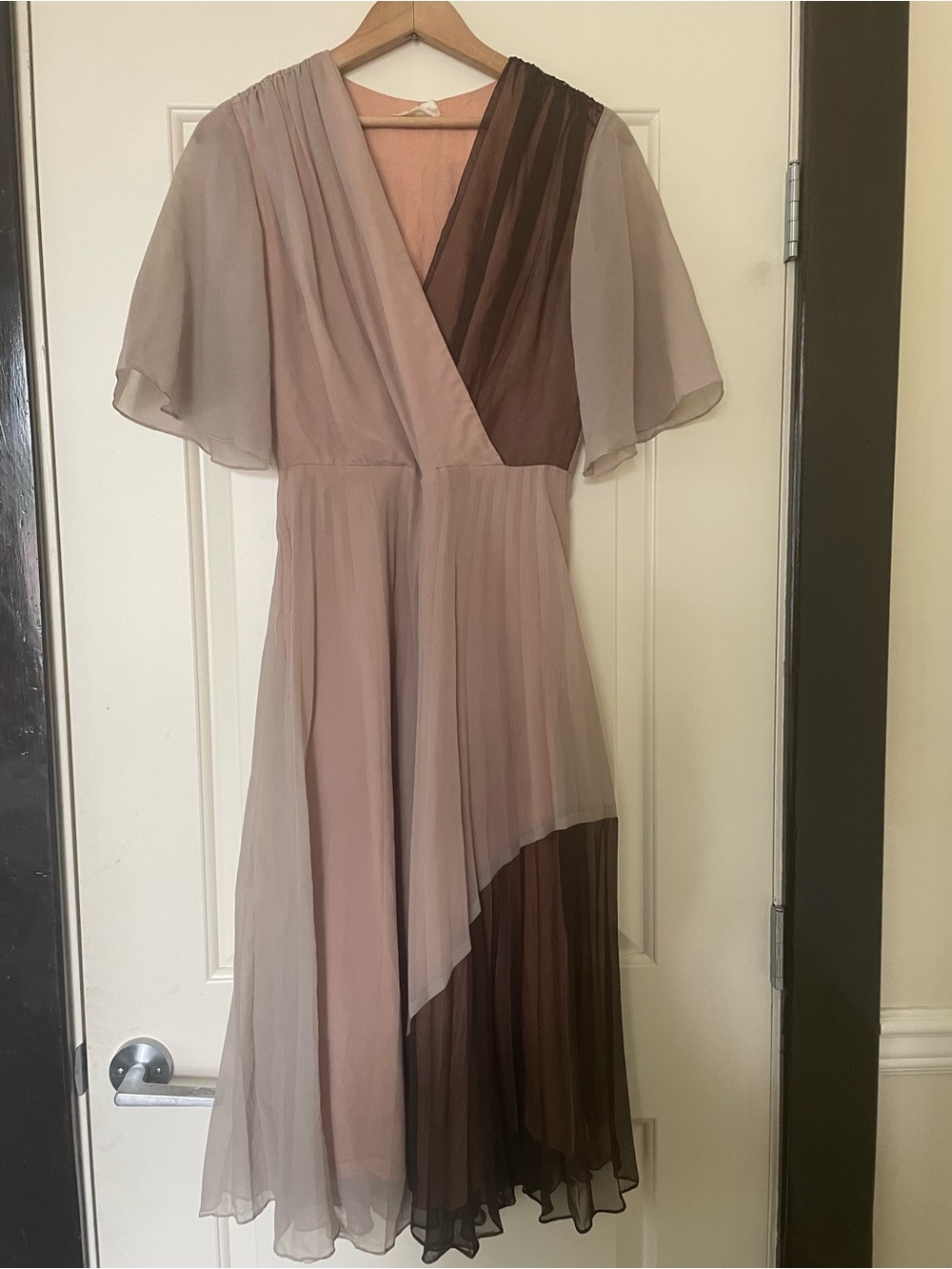 Vintage Sheer Two-Tone V-Neck Midi Dress in Taupe and Chocolate from 60s